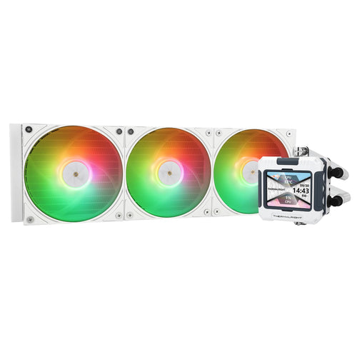 Thermalright FW 360 ARGB CPU-Wasserkühlung - Weiss LCD. Weisser 360mm-Radiator, drei ARGB-Lüfter, Pumpe mit LCD-Display. Kühlt CPUs effizient.