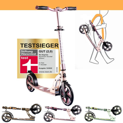 Six Degrees Aluminium Tretroller 205 mm Klappbar - Blossom Pink. Pinker, klappbarer Roller mit 205 mm Rollen für Fortbewegung.