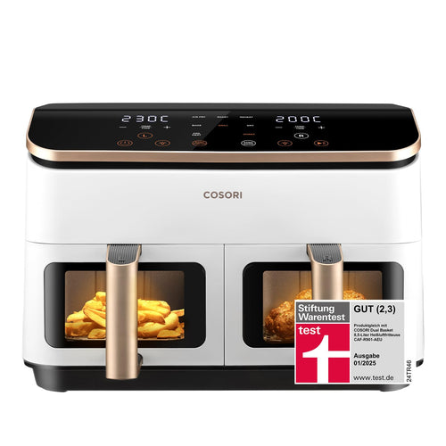 COSORI Airfryer Heissluftfritteuse – 2 Kammern, Sichtfenster, schwarz-weiss. Bereitet Speisen mit Heissluft fettarm zu.
