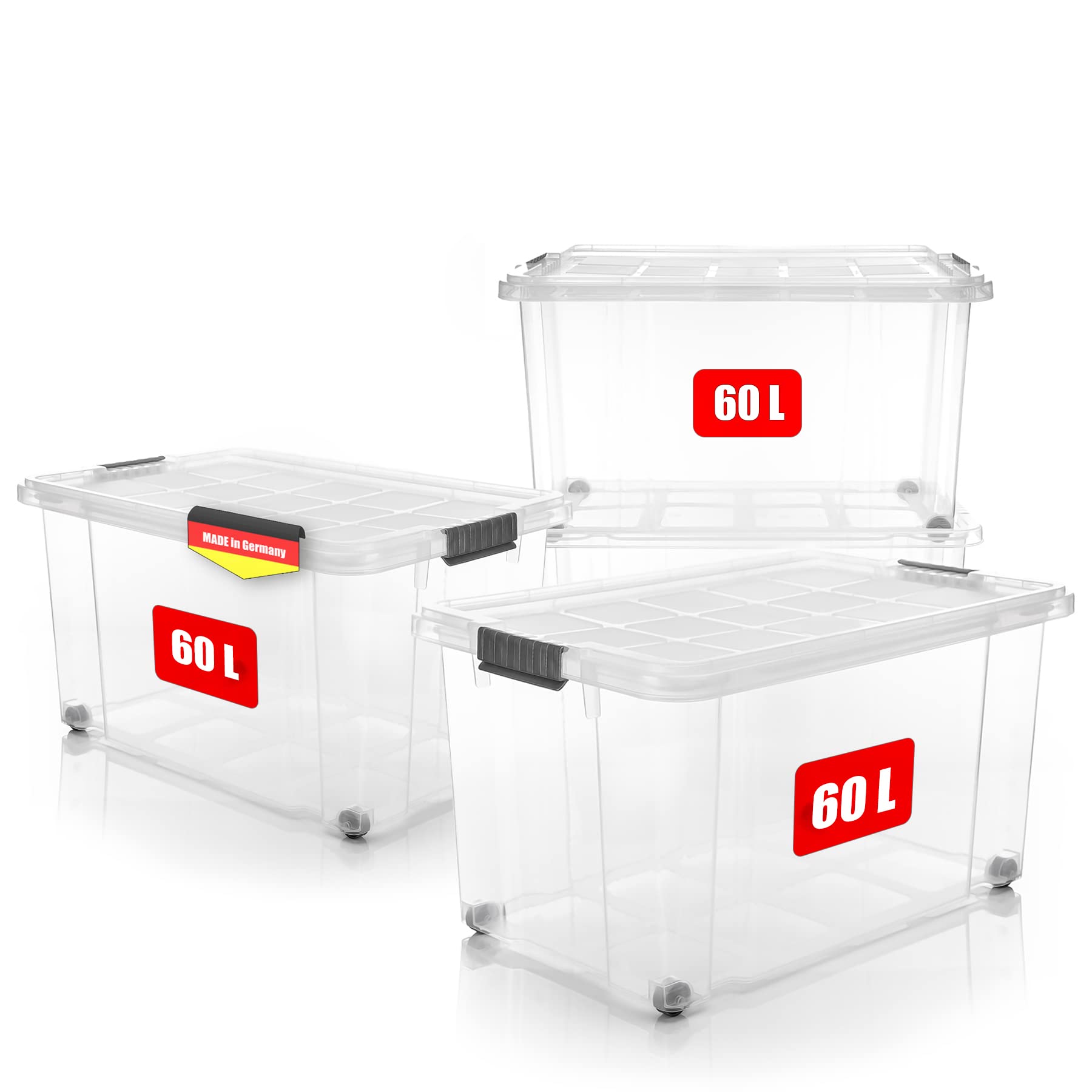 BigDean 4er-Set 60L Stapelbox – Transparent & Rollbar. Vier durchsichtige Kunststoffboxen zur effizienten Lagerung und zum mobilen Transport.
