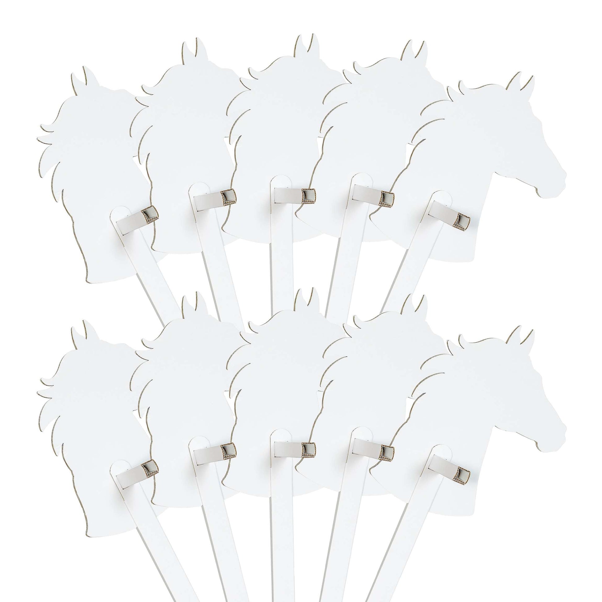 FOLDZILLA Steckenpferde Pappe weiss – 10er Set Hobbyhorse zum Bemalen. Zehn weisse Papp-Steckenpferde in typischer Form zum Bemalen.
