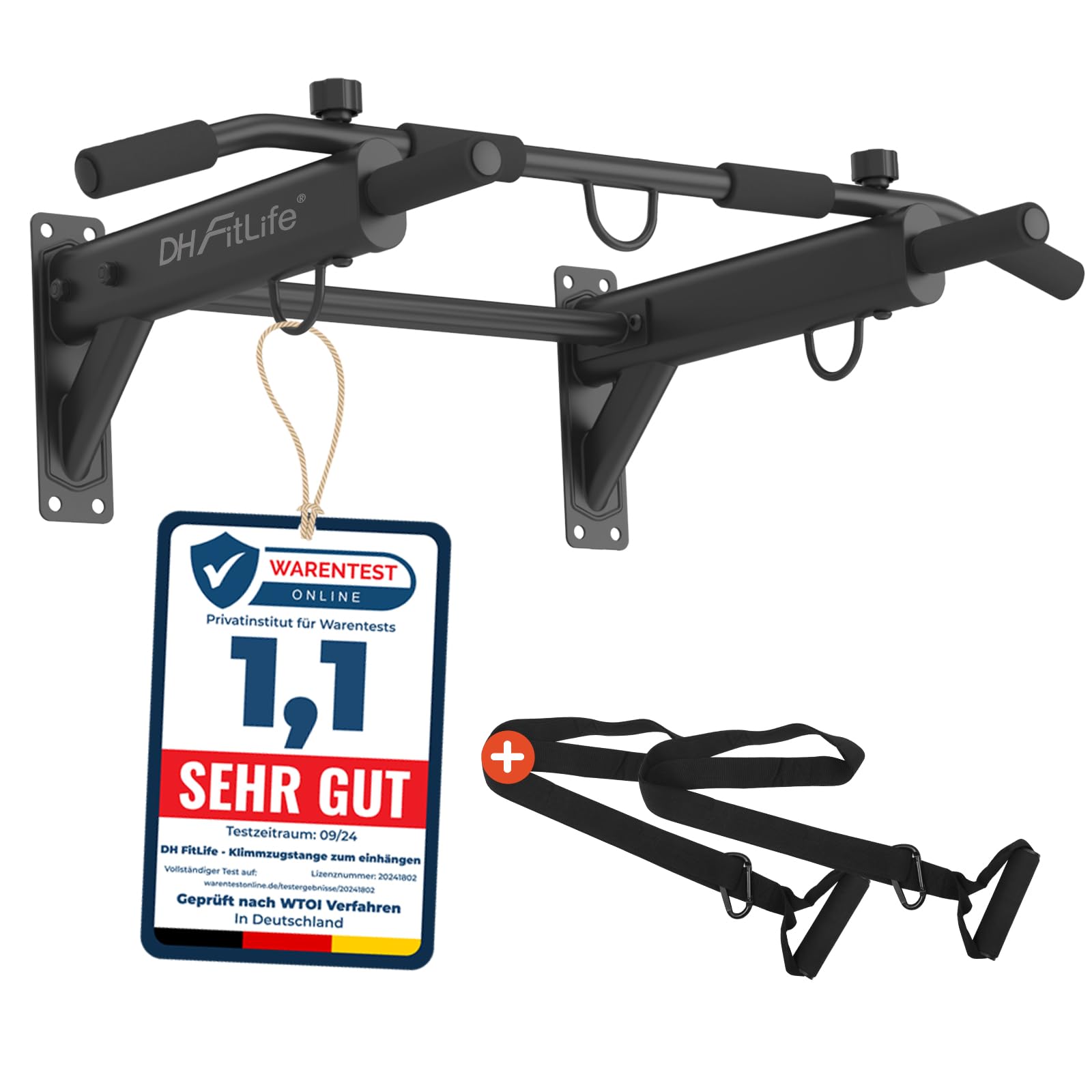 DH FitLife 4in1 Klimmzugstange Multifunktional Wandmontage. Schwarze Stahlrohrkonstruktion für Klimmzüge, Dips & Bauchtraining.