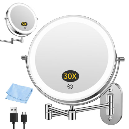 FUNTOUCH Kosmetikspiegel mit Beleuchtung, 3X/30X, Wandmontage – verchromter Edelstahl, ausziehbarer Arm