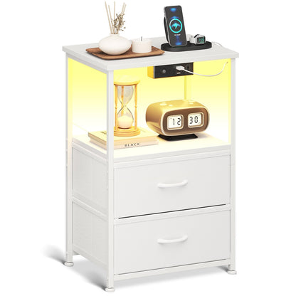 Coleshome Nachttisch Weiss mit LED, 2 USB-Anschlüssen und Steckdose