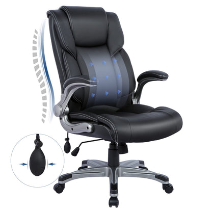COLAMY Leder Bürostuhl Hohe Rückenlehne Drehstuhl - Schwarz. Schwarzer Leder-Drehstuhl mit hoher Rückenlehne für ergonomisches Sitzen am Schreibtisch.