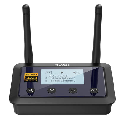1Mii B03Pro+ Bluetooth 5.3 Audio Adapter Sender Empfänger LDAC. Schwarzes, rechteckiges Gerät. Überträgt Audiosignale kabellos zu Audiosystemen.