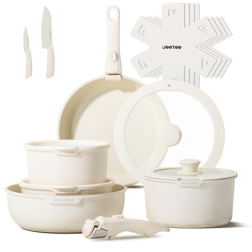 JEETEE Topf- & Pfannenset abnehmbar 17-tlg. Induktion Beige. Beige Kochgeschirrteile mit abnehmbaren Griffen. Geeignet für Induktionskochfelder.