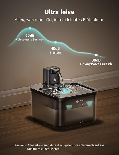 DownyPaws Trinkbrunnen für Katzen kabellos, 2,5 L, Edelstahl, schwarz