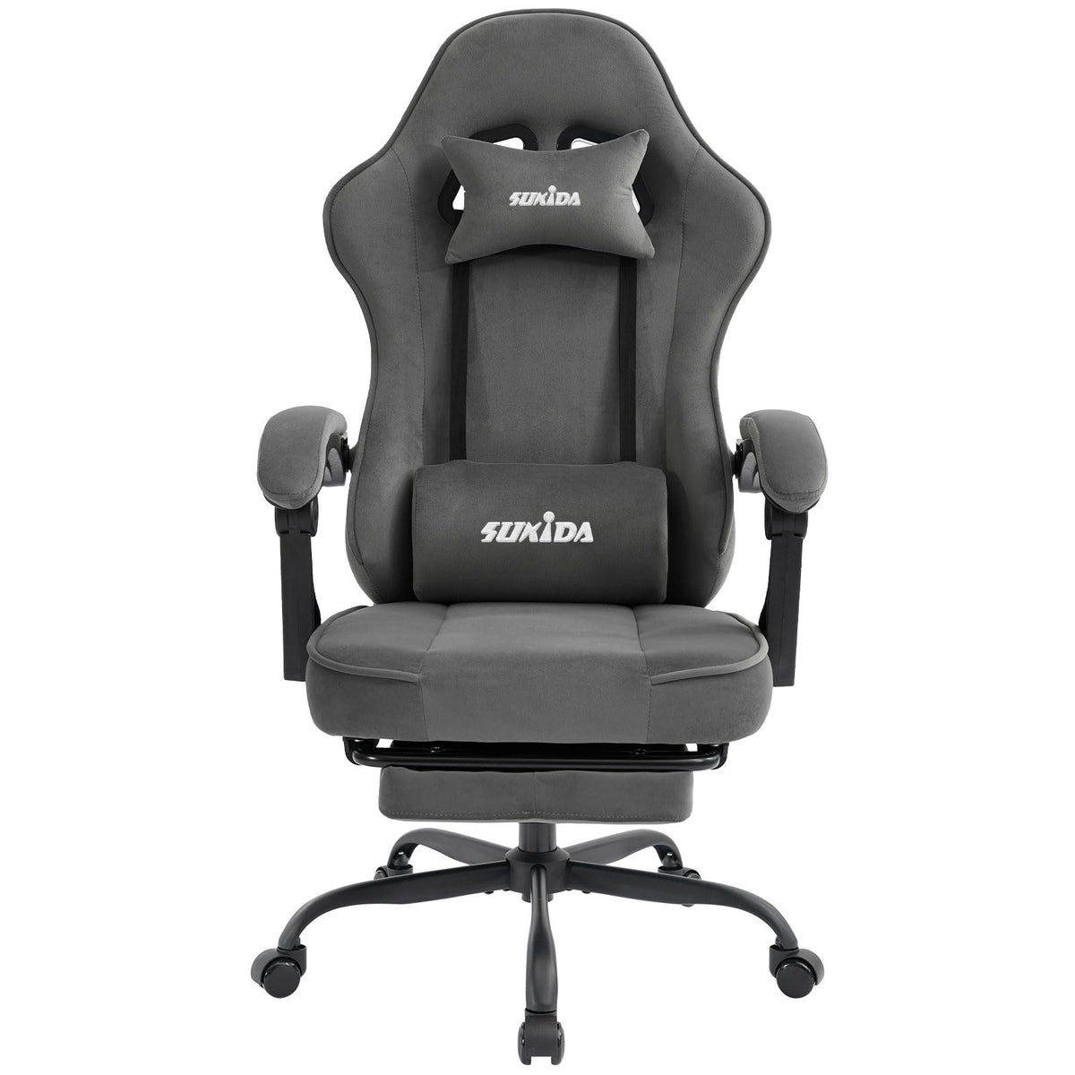 SUKIDA Gaming Stuhl aus Stoff mit Fussstütze, ergonomisch, grau, mit Kopfstütze und Metallgestell