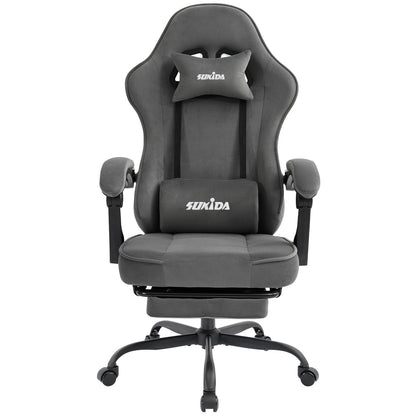 SUKIDA Gaming Stuhl aus Stoff mit Fussstütze, ergonomisch, grau, mit Kopfstütze und Metallgestell