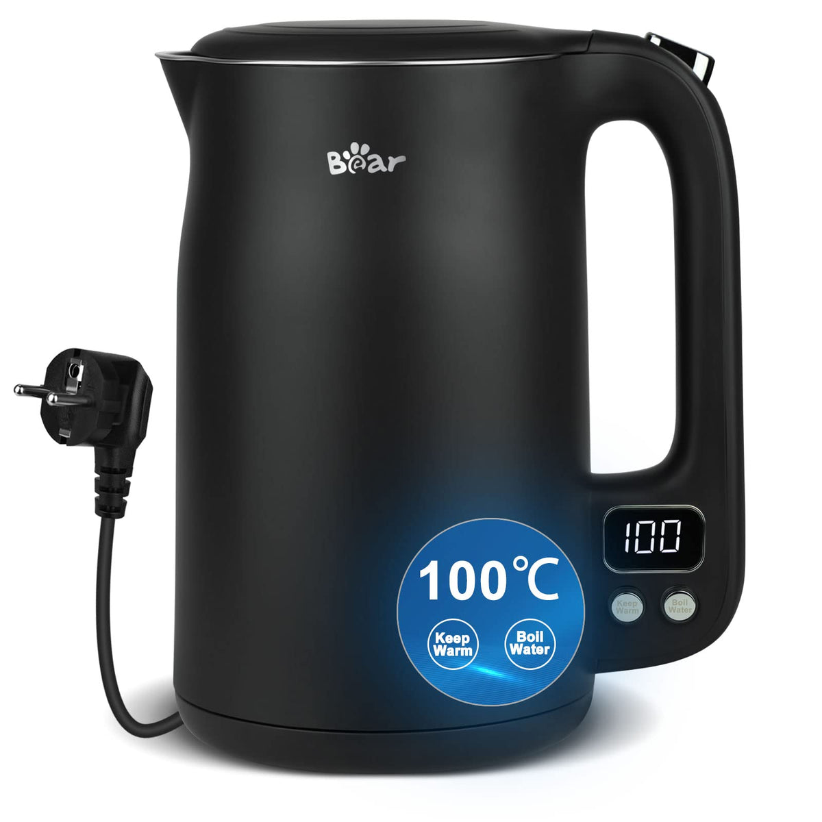 Bear Wasserkocher 1.7 L Edelstahl mit 11 Temperaturen, 1800 W, doppelwandig mit LCD-Anzeige