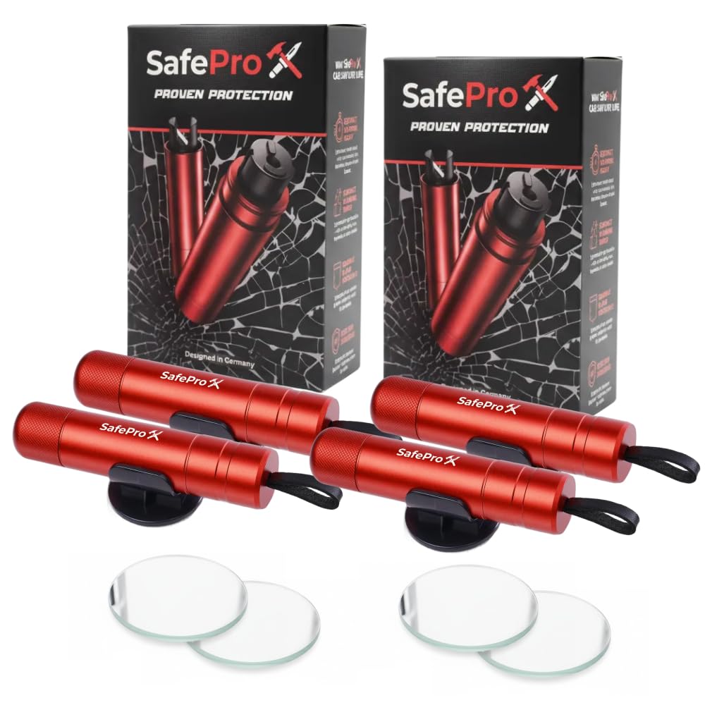 SafePro X Notfallhammer mit Gurtschneider und Glasbrecher, 4er-Pack – kompakt mit ergonomischem Griff
