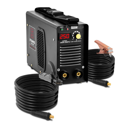 Stamos Germany S-MMA-250PI.2 Elektroden Schweissgerät MMA 250 A. Kompaktes, schwarz-gelbes Gehäuse. Für MMA-Lichtbogenschweißen bis 250 A.