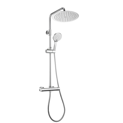 JOHO Regendusche Duschsystem Thermostat – Edelstahl Chrom D25cm. Runder Chrom-Duschkopf. Thermostat regelt Wassertemperatur.
