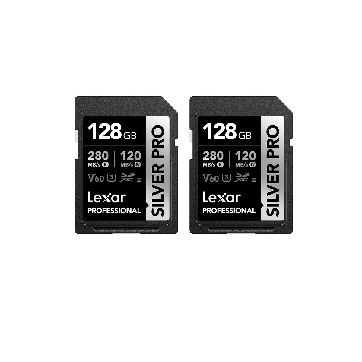 Lexar Silver PRO SD Speicherkarte - 2x128GB Kit UHS-II V60, rechteckig, schwarz/silber, für schnelle 4K-Video- und Fotoaufnahmen.