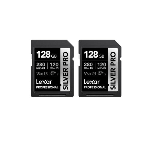 Lexar Silver PRO SD Speicherkarte - 2x128GB Kit UHS-II V60, rechteckig, schwarz/silber, für schnelle 4K-Video- und Fotoaufnahmen.