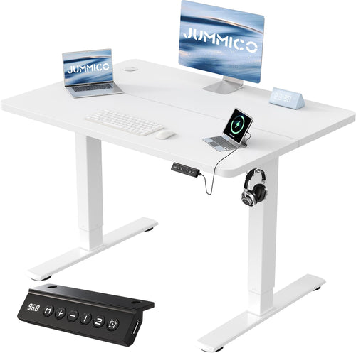 JUMMICO Elektrischer Steh-Sitz Schreibtisch 100x60cm Weiss USB. Rechteckige Platte für ergonomisches Arbeiten.