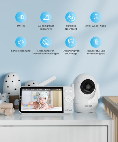 ieGeek Baby 5 Babyphone mit Kamera, 2,5K WLAN, 5,5 Zoll, PTZ 360°
