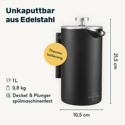 SILBERTHAL French Press Thermo 1 Liter, Kaffeebereiter aus Edelstahl