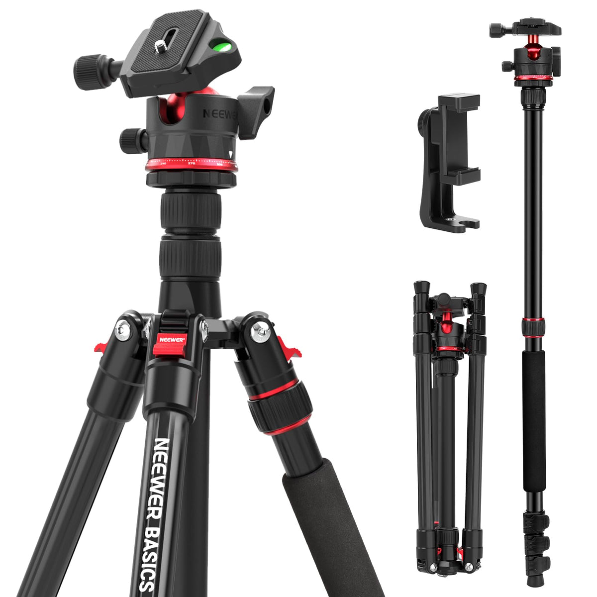 NEEWER Basics TP14B Reisestativ mit Kugelkopf, 182 cm, bis 6 kg, Dreibeinstativ mit Handyhalterung
