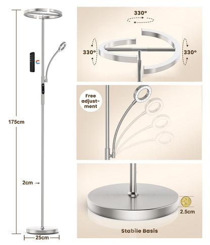 ANTENLICHT LED Deckenfluter Dimmbar - Silber, Leselampe