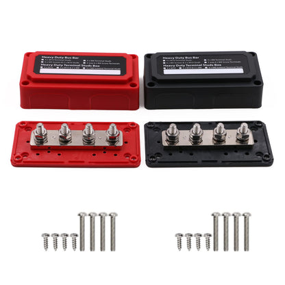 Gloaso Sammelschiene DC Busbar 300A – 4x M8 Stromverteiler: Schwarze, rechteckige Stromschiene mit vier M8-Anschlussbolzen für die DC-Stromverteilung.