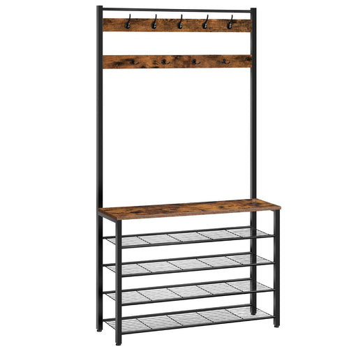 HOOBRO Garderobenständer EBF801MT01 mit Schuhregal – Dunkelbraun. Vertikale Garderobe zur Organisation von Kleidung und Schuhen im Eingangsbereich.