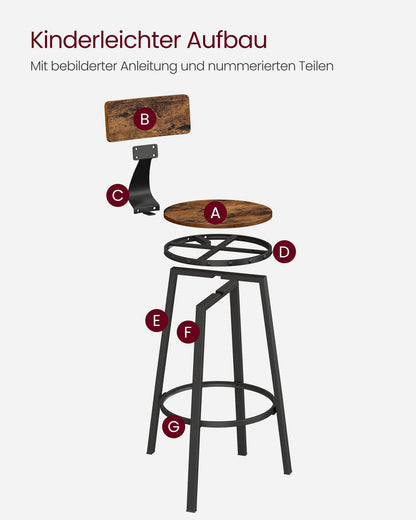 VASAGLE Barhocker 2er Set Industrie-Design - Vintagebraun-Schwarz