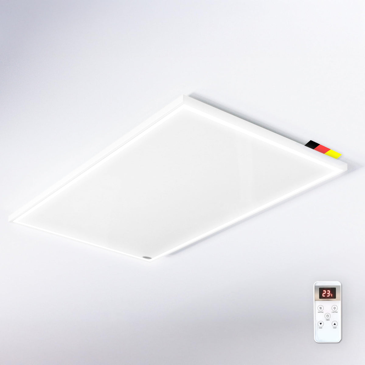 Könighaus Infrarotheizung mit LED-Deckenleuchte 1000W, rechteckiges weißes Flachpaneel. Heizt per Infrarotstrahlung und spendet Licht.
