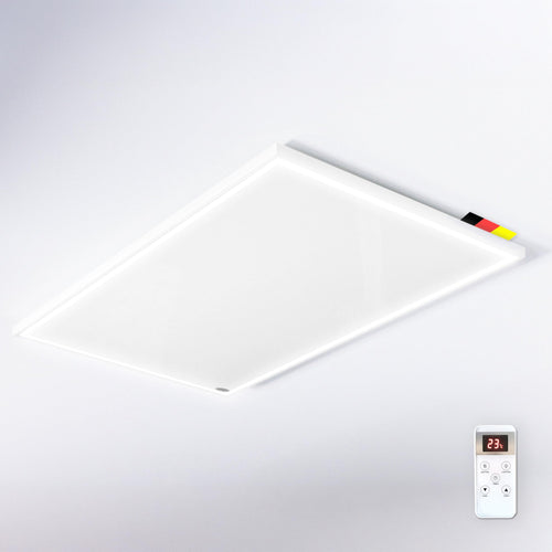Könighaus Infrarotheizung mit LED-Deckenleuchte 1000W, rechteckiges weißes Flachpaneel. Heizt per Infrarotstrahlung und spendet Licht.