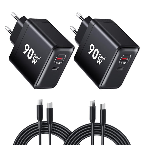 HSSNS 90W USB C Ladegerät, 2er-Pack GaN PD Schnellladegerät mit Kabel, zwei USB-C-Anschlüsse