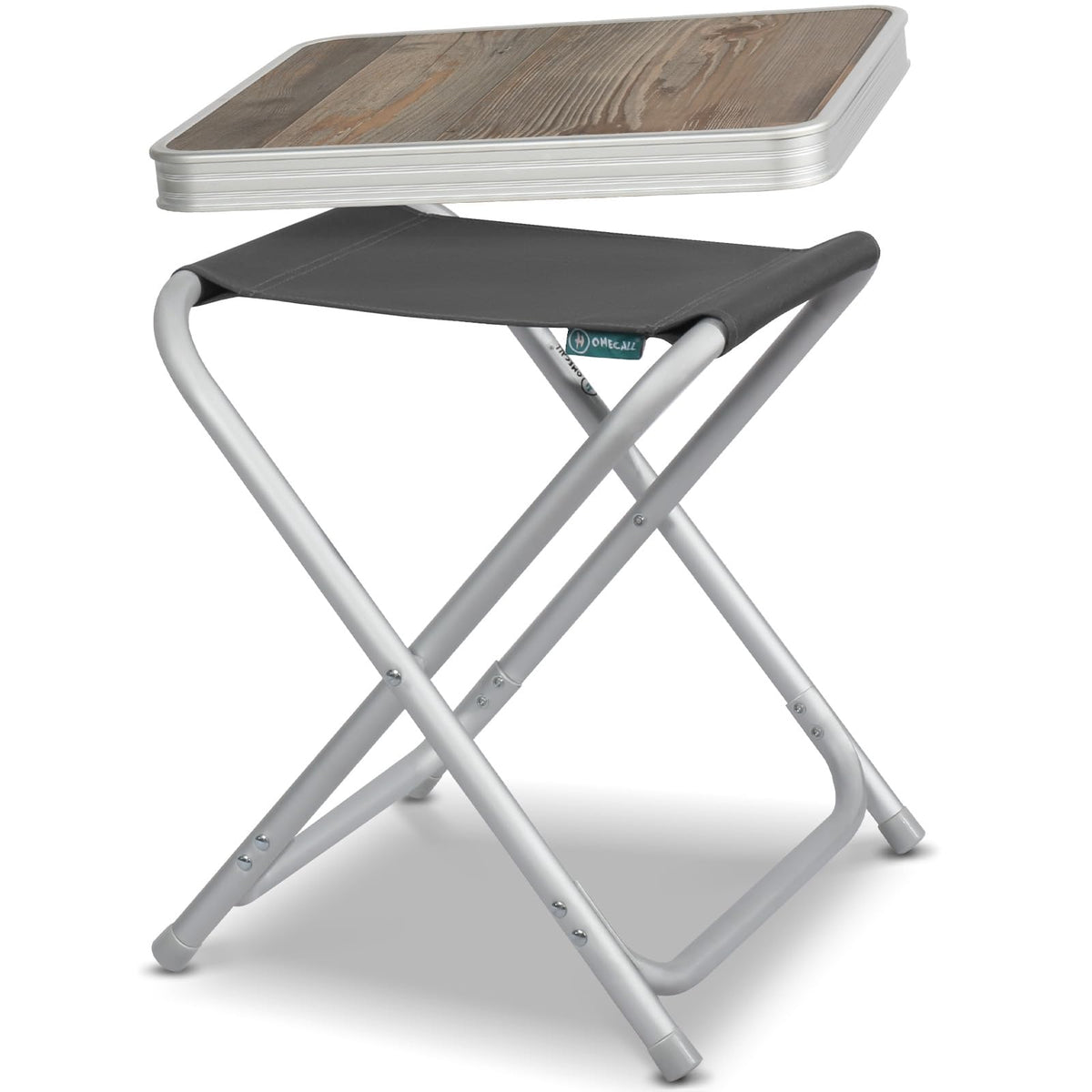 Homecall Campinghocker faltbar mit MDF-Tischplatte, 2-in-1, grau – Aluminiumgestell, Sitz aus 600D-Gewebe