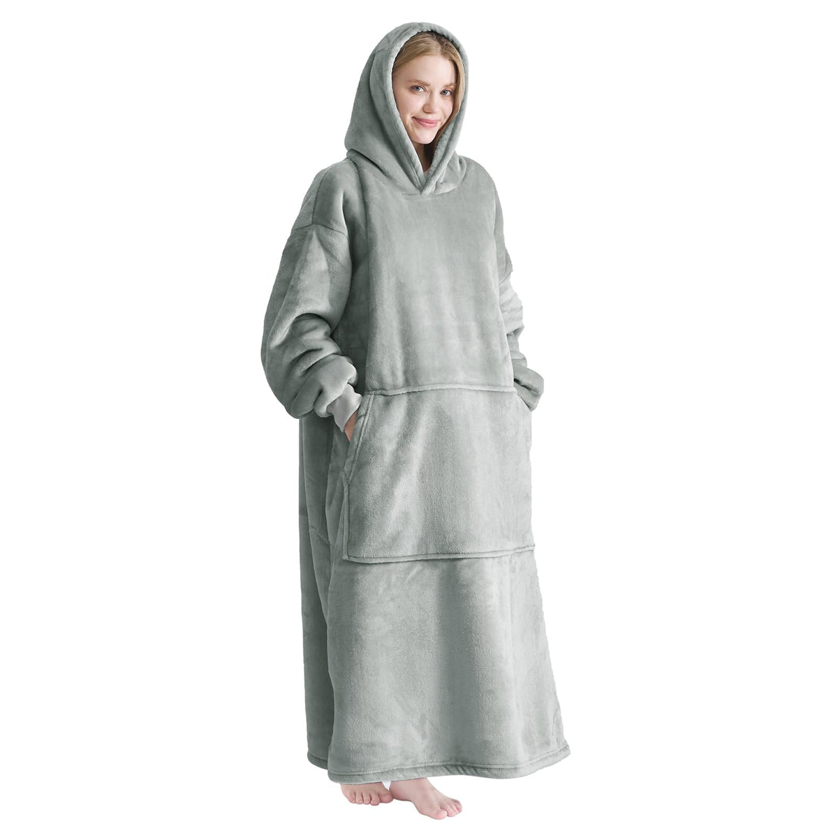 Good Nite Decke mit Ärmeln, Sherpa-Kuscheldecke mit Kapuze, grau – Oversize-Schnitt mit Vordertaschen