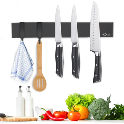 Dmore Magnetleiste Messer 59 cm, magnetischer Messerhalter schwarz aus Edelstahl mit 4 Haken