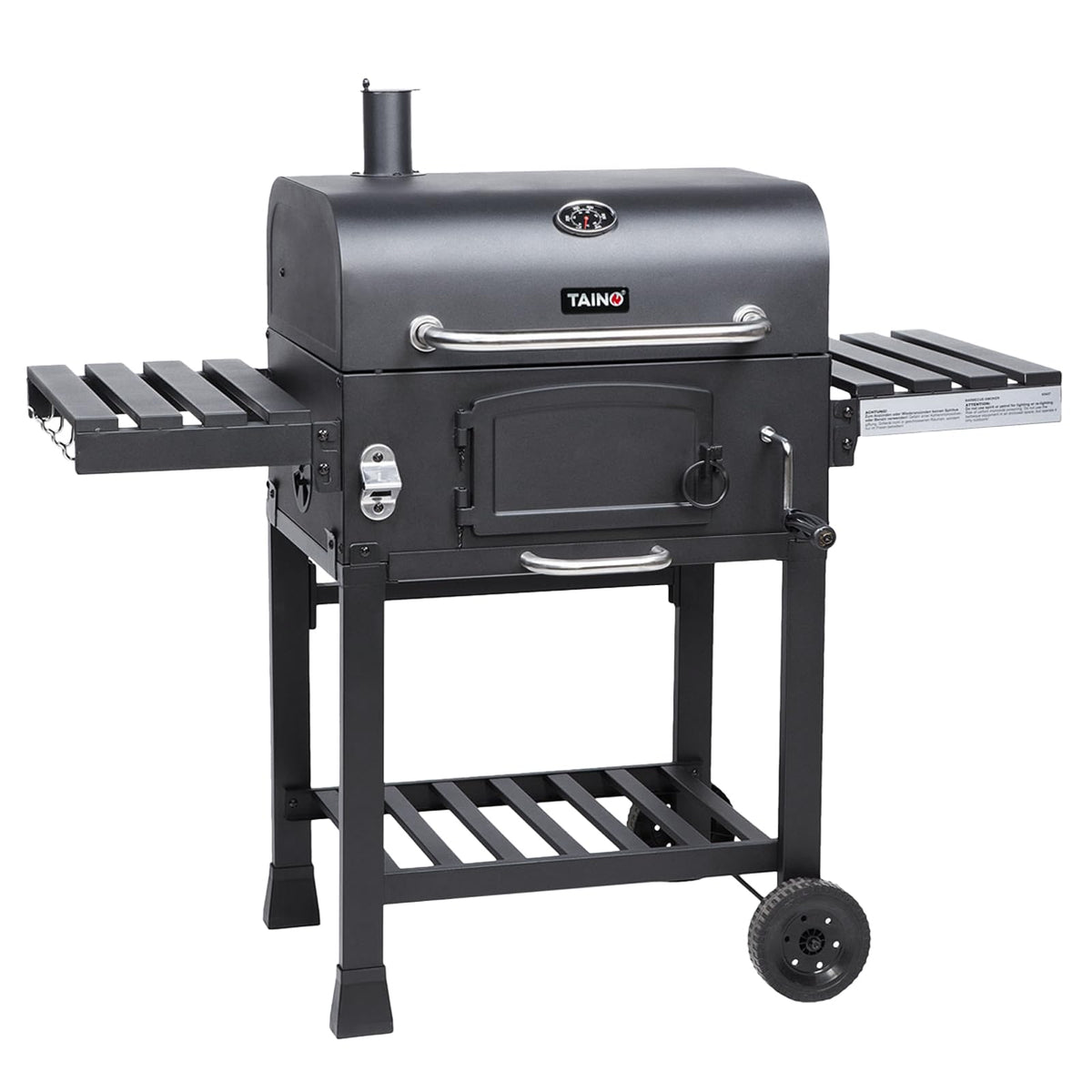 TAINO HERO XL Smoker Holzkohlegrill mit Temperaturanzeige, Grillwagen mit Rädern und klappbaren Seitentischen