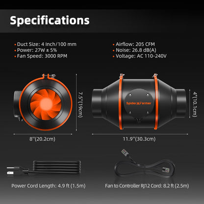 Spider Farmer Inline-Rohrventilator 100mm EC WiFi Temp/Feucht