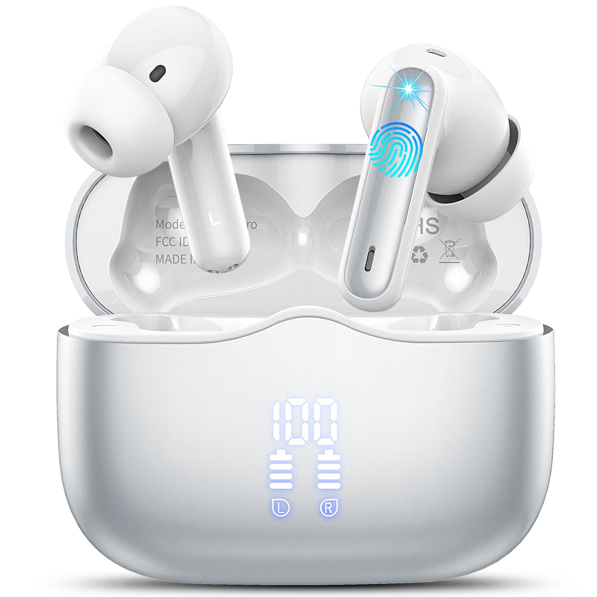xinwld A97 Pro In-Ear Bluetooth Kopfhörer mit ENC-Mikrofonen, Silber, Mini-Ladeetui mit LED-Anzeige