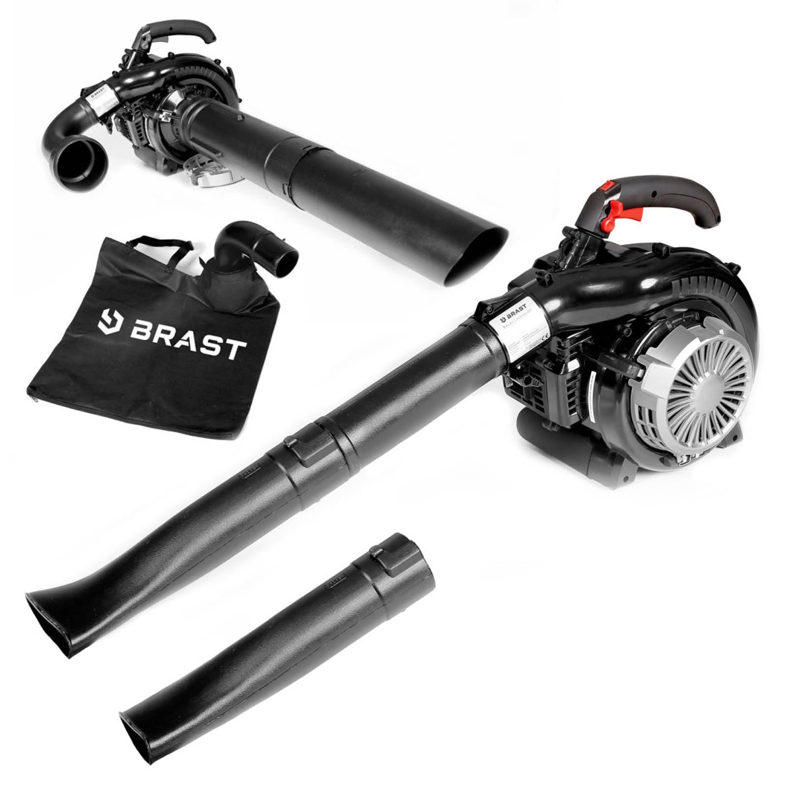 BRAST Laubsauger Laubbläser Benzin – 4in1 Funktion 1,0kW. Schwarz-orangefarbenes Handgerät. Beseitigt Laub per Saug- und Blasfunktion.