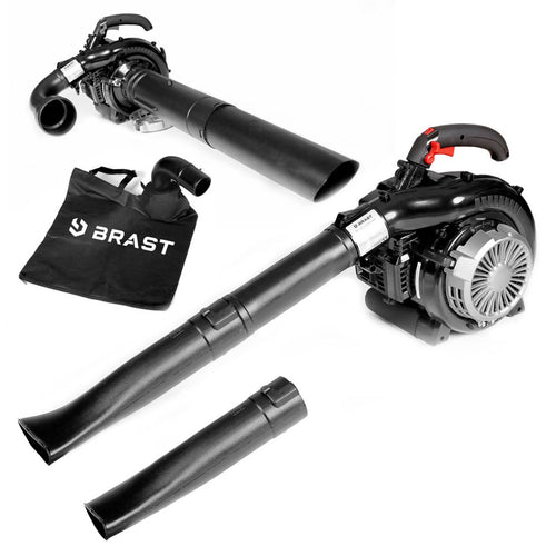 BRAST Laubsauger Laubbläser Benzin – 4in1 Funktion 1,0kW. Schwarz-orangefarbenes Handgerät. Beseitigt Laub per Saug- und Blasfunktion.