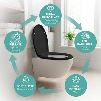 BENKSTEIN WC-Sitz oval schwarz, Duroplast, Softclose & Quick-Release