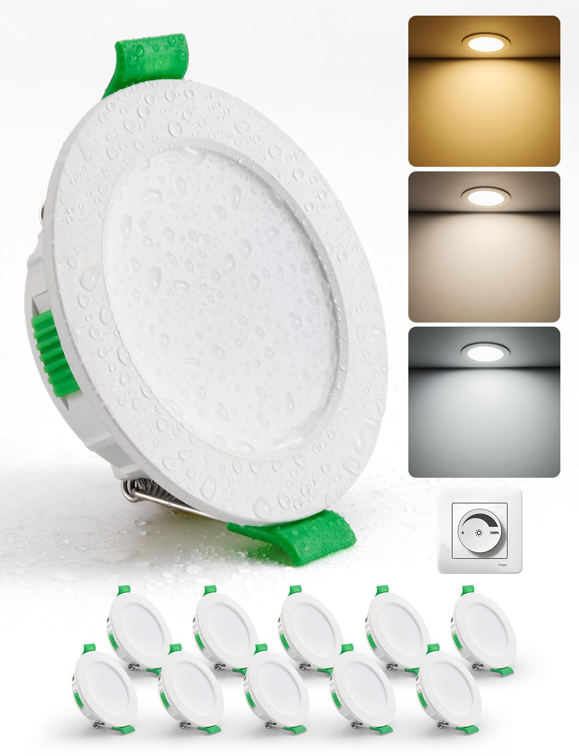 HOMEOW LED Einbaustrahler 230V dimmbar, IP44, ultraflach, 10er Set – flacher Deckenspot für Feuchträume