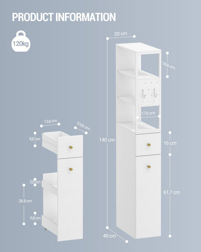Hzuaneri Badezimmerschrank schmal mit Schubladen, 40x20x140 cm, Weiss