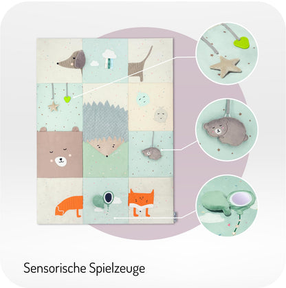 Momi VOLPI sensorische Patchwork-Matte, Krabbeldecke 120 x 160 cm