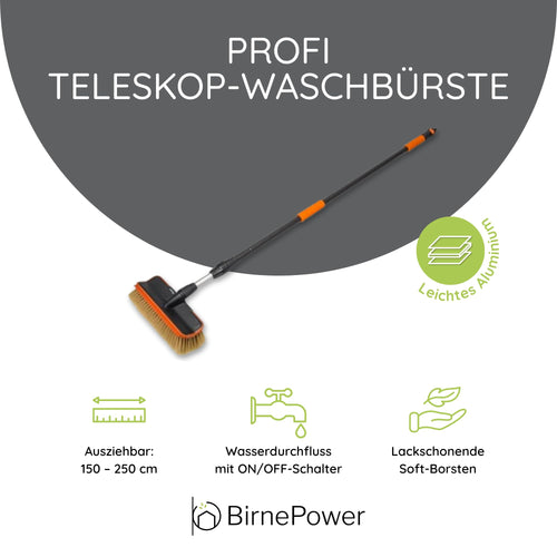 BirnePower Autowaschbürste mit Teleskopstange 180–300 cm, Aluminiumstange und weiche Borsten