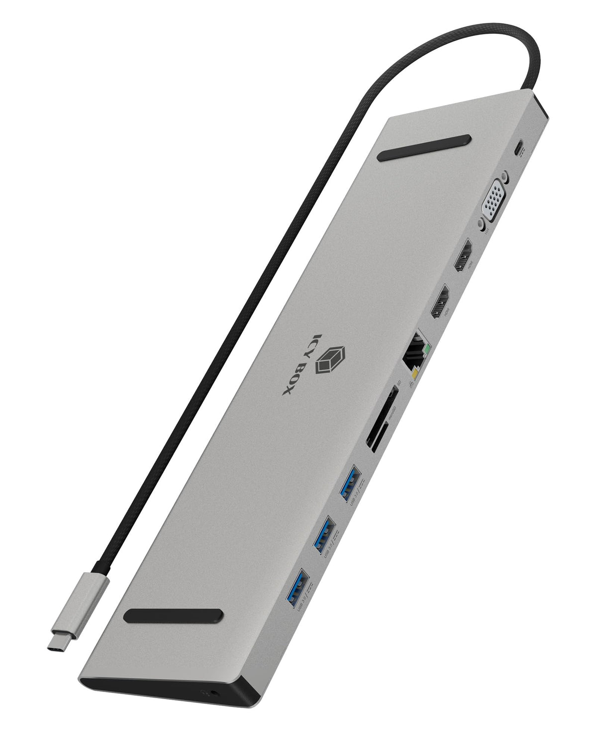 ICY BOX IB-DK2106a-CPD USB-C Docking Station - Dual Monitor. Rechteckig, schwarz. Verbindet Peripherie und Dual-Monitore.