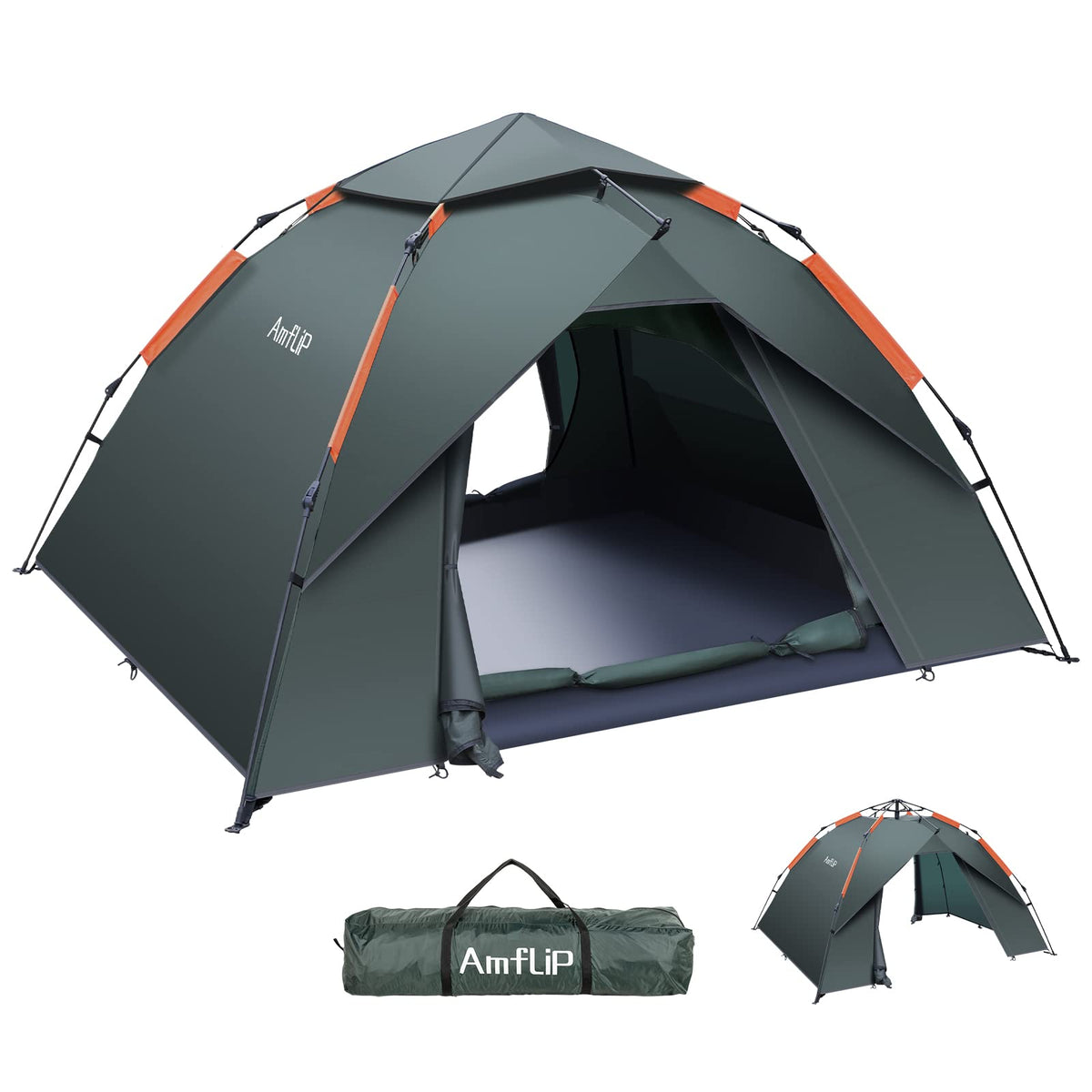 Amflip Pop Up Kuppelzelt Campingzelt - 2 Mann 4 Jahreszeiten: Grünes Kuppelzelt, schnell aufstellbarer Wetterschutz.