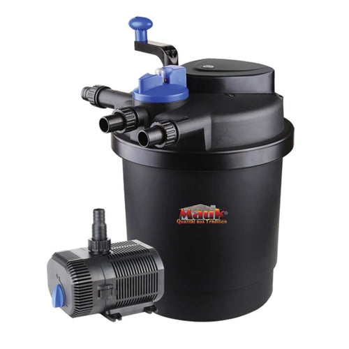 Mauk Teichdruckfilter Komplettset 6000L 11W UVC m. Pumpe. Dunkler Zylinderfilter reinigt Teichwasser mechanisch und biologisch.