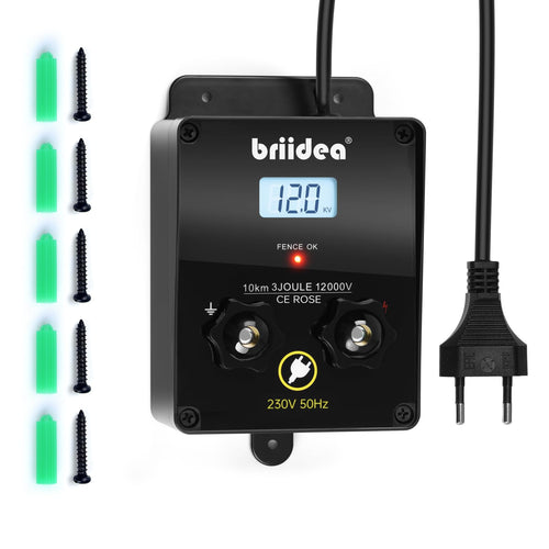 Briidea 12000V 3J Weidezaungerät – 230V LCD-Anzeige. Rechteckiges Gerät mit LCD. Versorgt Elektrozäune für Tierhaltung.