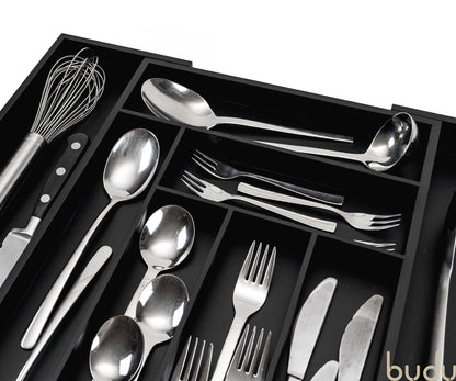 budu Besteckkasten #47 aus Bambus, Schwarz, ausziehbar, Tiefe 47 cm