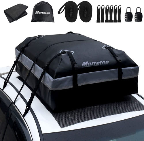 Marretoo 21 Kubikfuss faltbare Auto Dachbox – Schwarz, länglich-aerodynamisch. Transportiert Gepäck auf dem Fahrzeugdach.